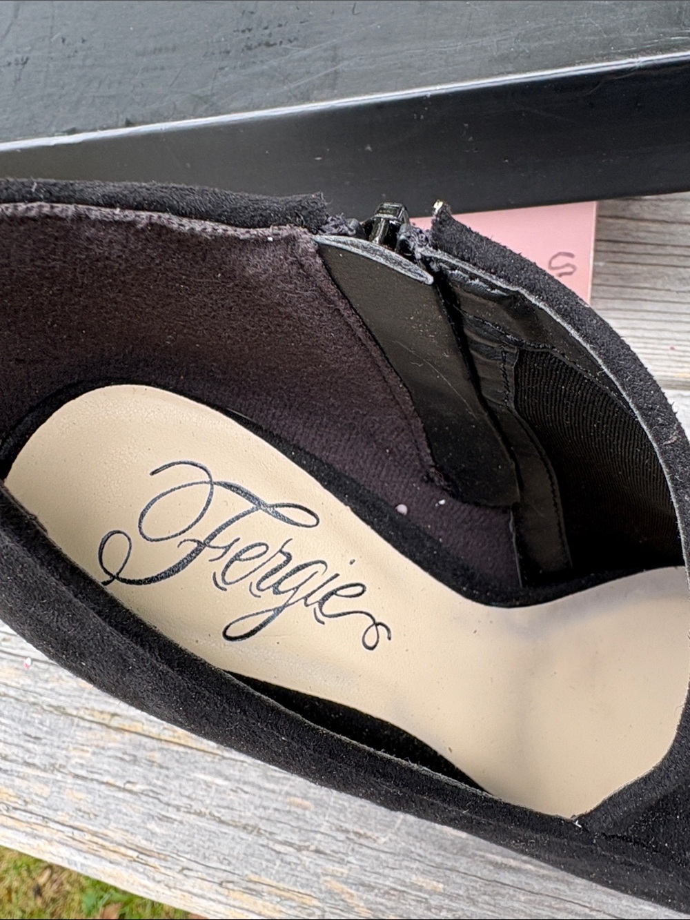 Fergie Tragic Black Suede Peep-Toe Ankle Booties with Side Zip - Picture 5 of 9